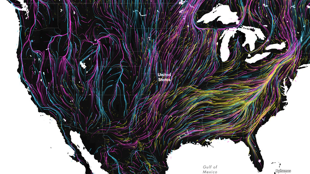 Migrations in Motion map showing projected movement routes of mammals, birds, and amphibians across the United States in response to climate change